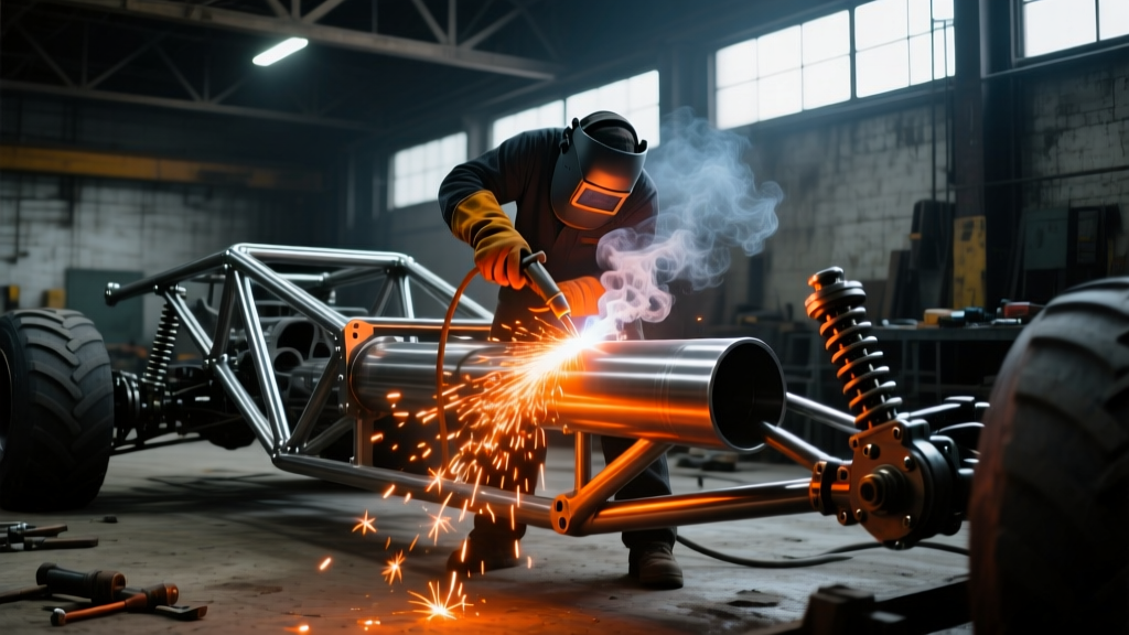 Fabricator welding a 4130 chromoly tube chassis for a monster truck in a dimly lit shop with bright orange sparks illuminating the suspension links