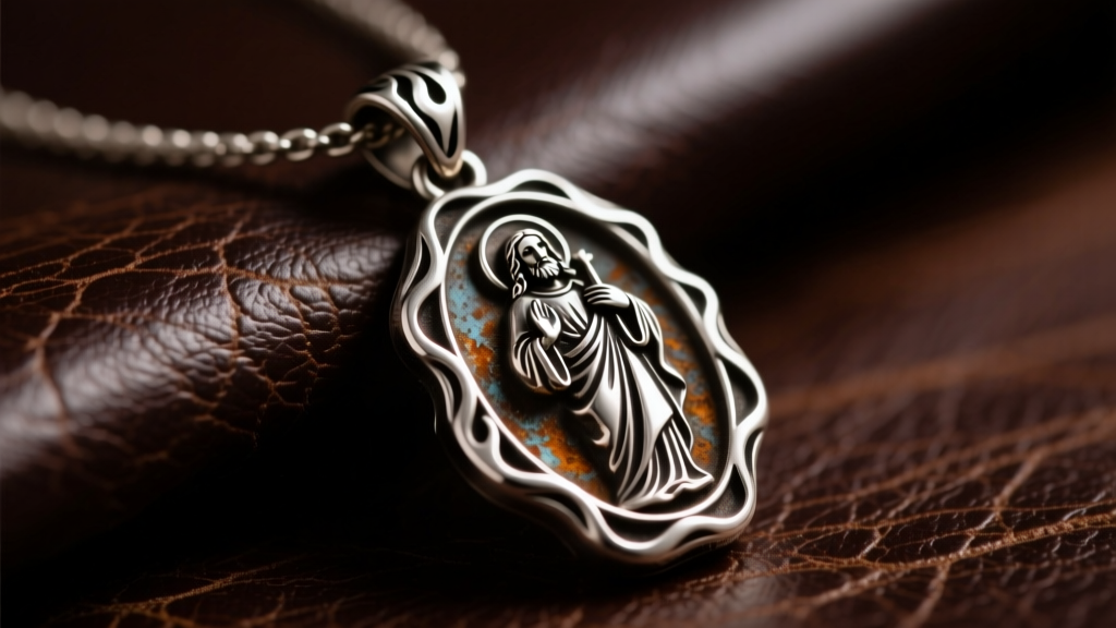 Close-up of oxidized sterling silver St Jude pendant with subtle flame engravings resting on dark leather surface, moody lighting