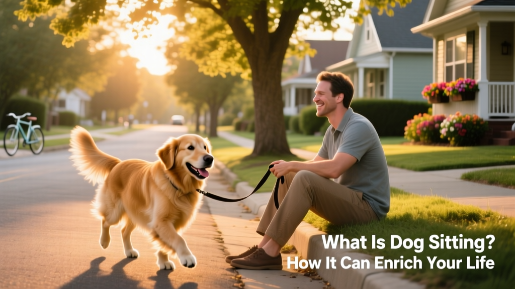 A golden retriever happily walking beside a sitter on a sunlit neighborhood street, leash in hand