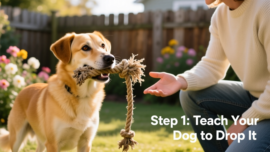 A dog holding a rope toy in its mouth while looking expectantly at their handler