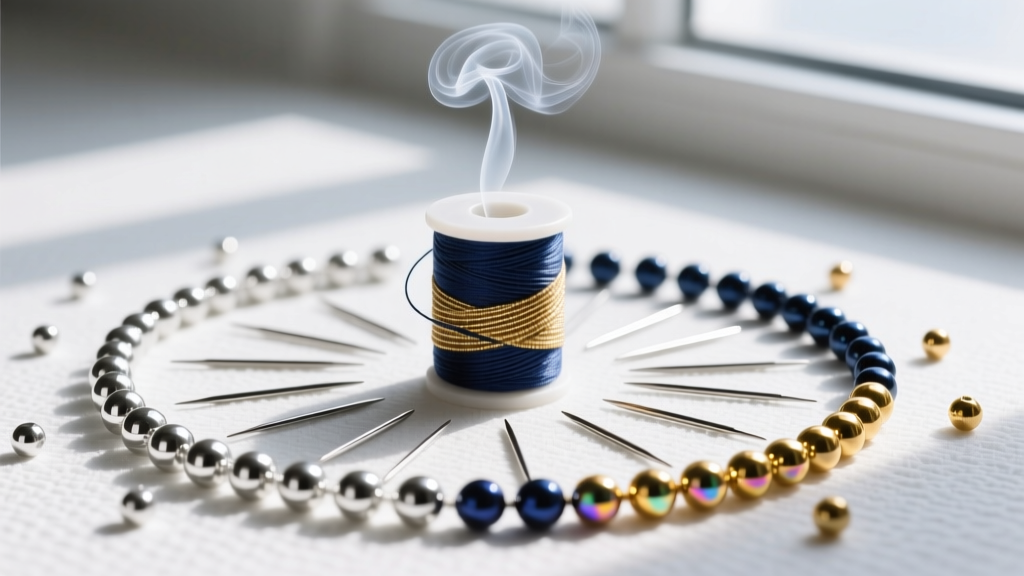 Flat lay of beading supplies with a spool of smoke Fireline thread, size 10 needles, and metallic Miyuki Delica seed beads