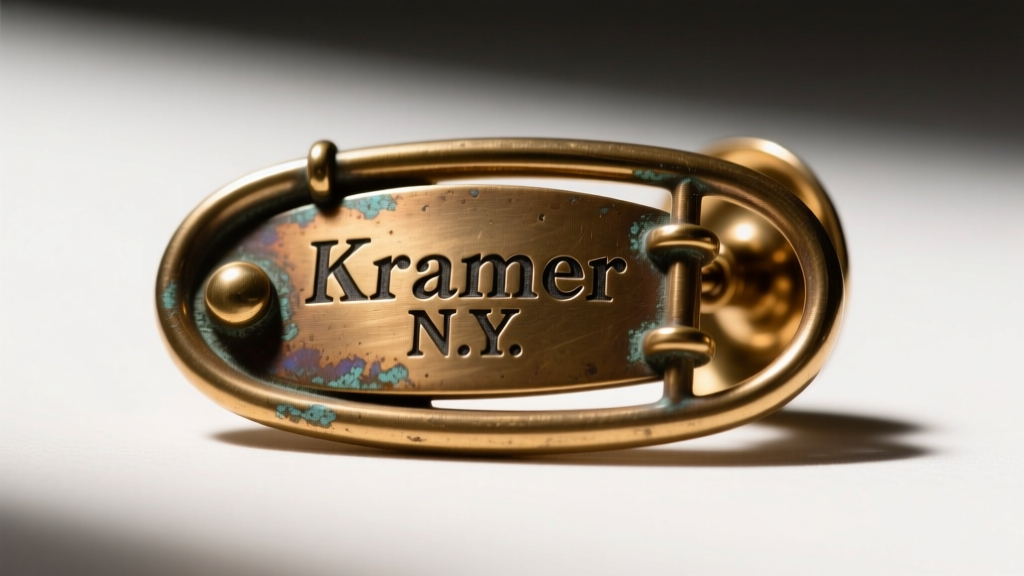Macro photo of the back of a vintage Kramer brooch showing the stamped Kramer N.Y. hallmark and a secure brass trombone clasp.