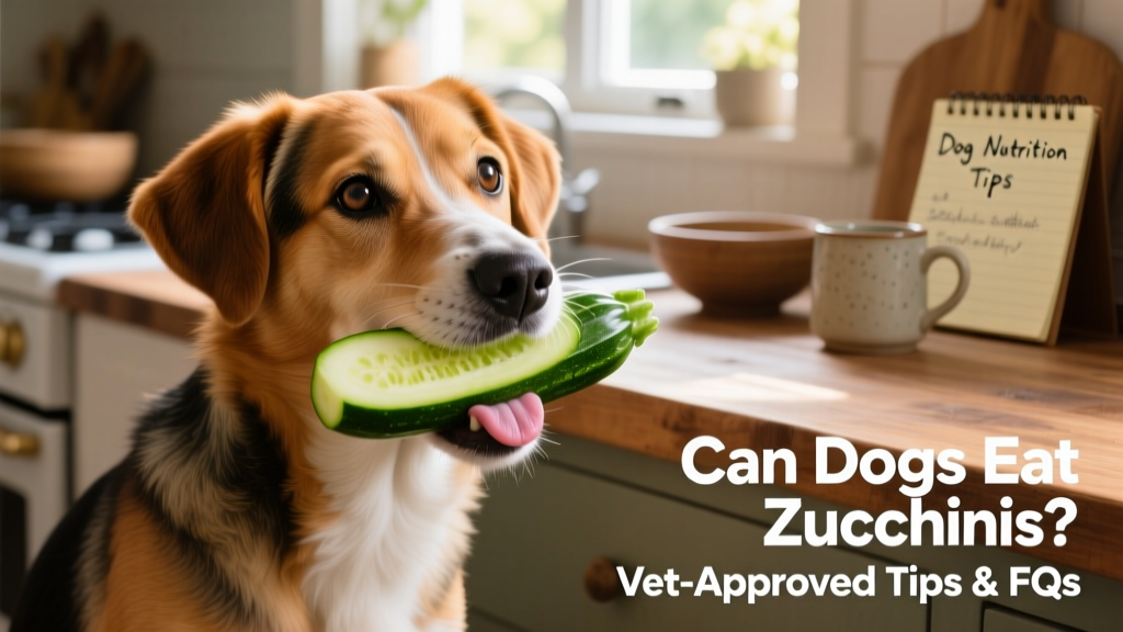 A dog gently holding a raw zucchini slice in its mouth, looking curious and engaged