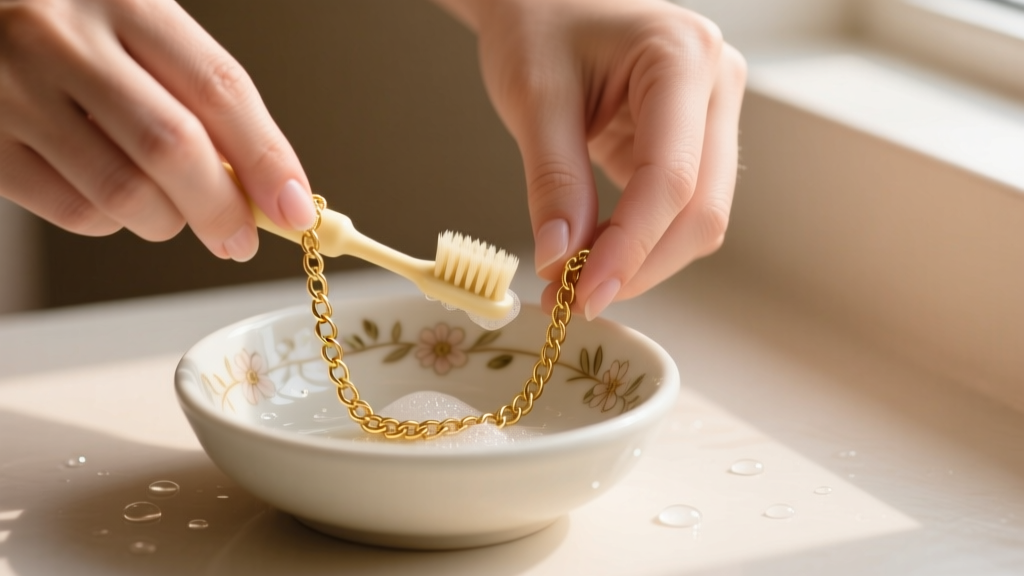 Hands gently cleaning a gold San Marco chain with a soft baby toothbrush and mild soapy water in a small ceramic bowl.