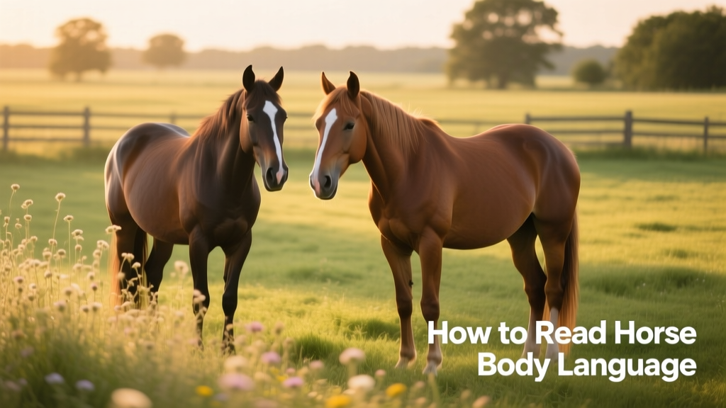 Two horses interacting peacefully in a pasture, ears relaxed and heads low