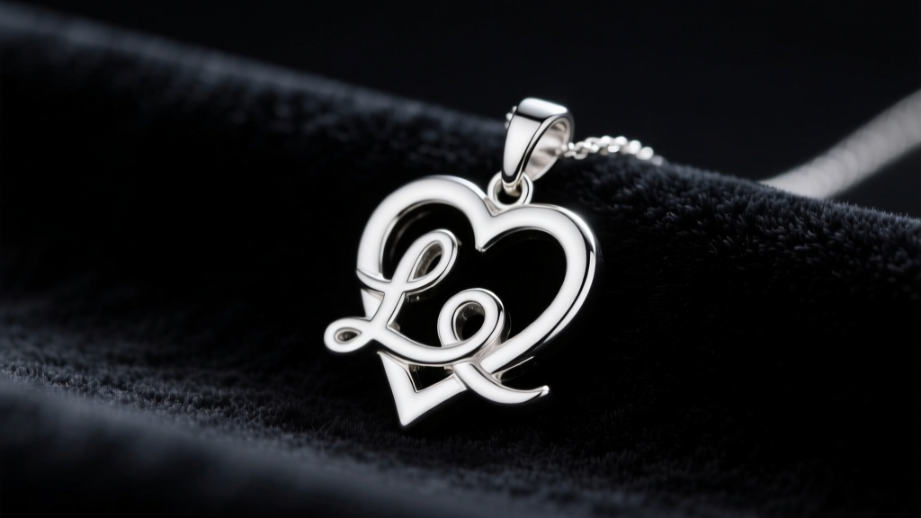 Sterling silver Prince Love Symbol pendant on dark velvet, lit by soft studio lighting to highlight the polished metal curves.