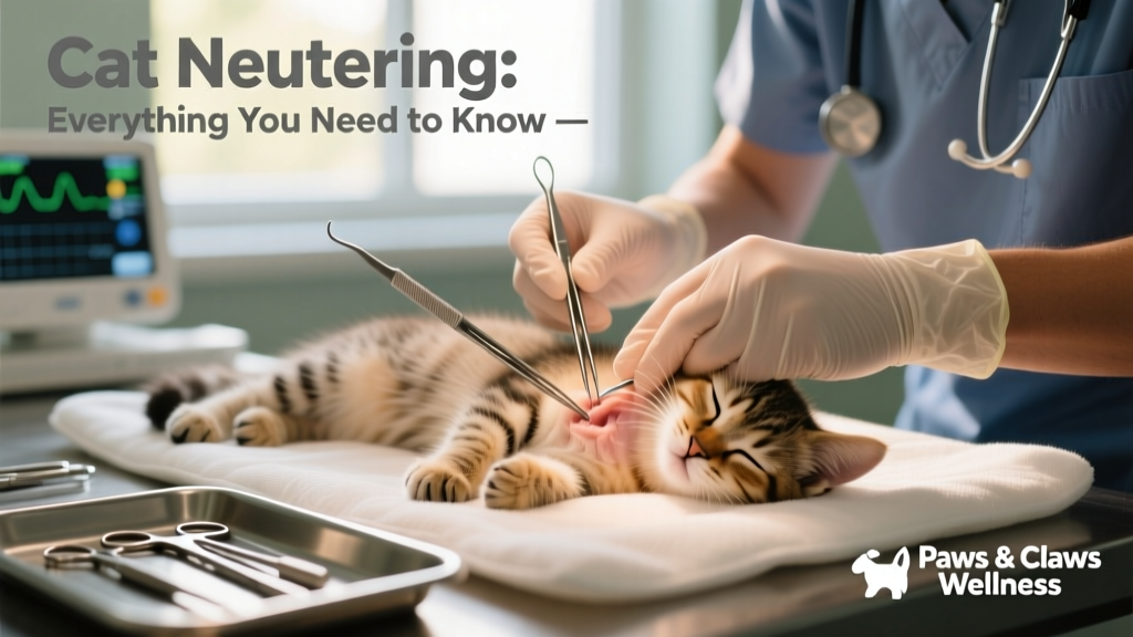 A gentle close-up of a veterinarian’s hands performing a routine neuter procedure on a sedated kitten, highlighting precision and care