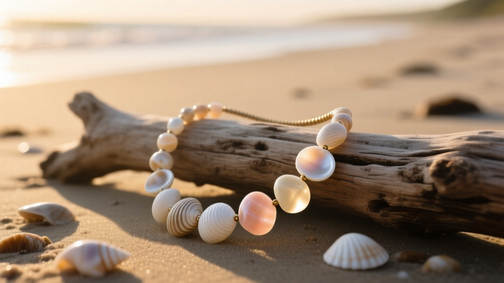 Close-up of a natural puka heishi shell necklace resting on weathered driftwood under soft, warm morning sunlight on a beach.