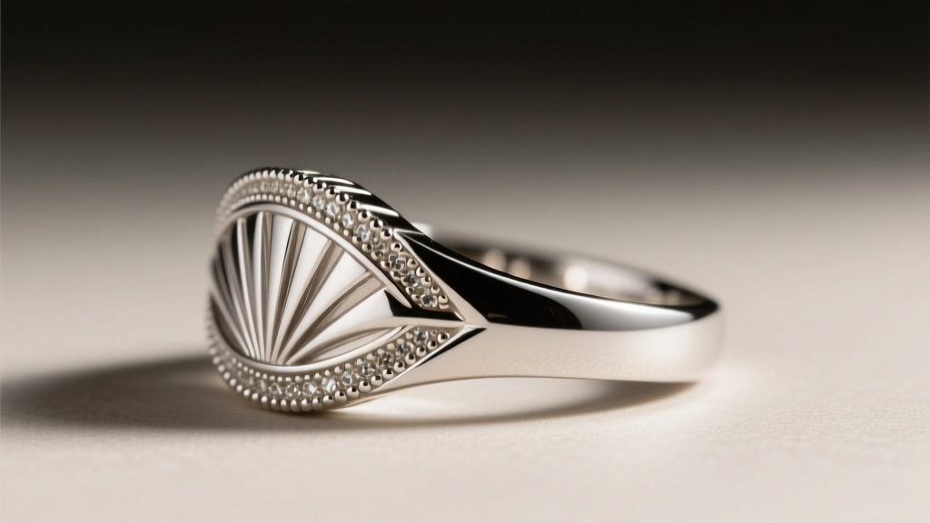 Side profile of an Art Deco platinum ring showing a modern laser repair joint next to original hand cut milgrain edge detailing