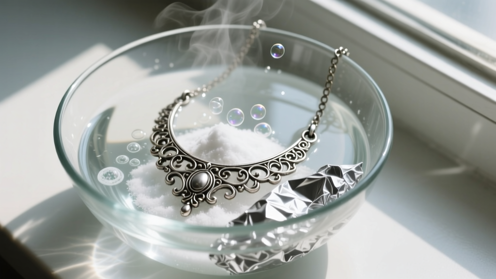 Overhead shot of a tarnished silver necklace in a glass bowl of hot water, baking soda, and aluminum foil to remove dark tarnish.