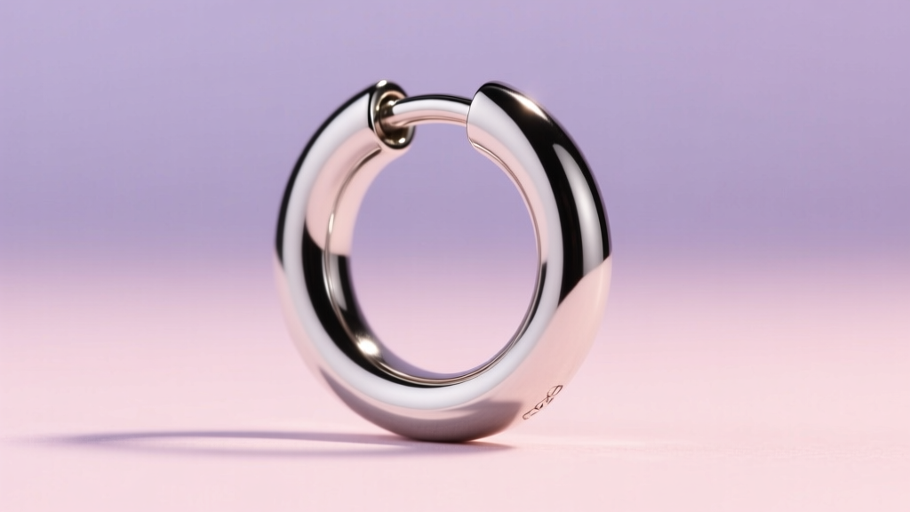 Side profile close-up of a 20-gauge sterling silver clicker hoop with a seamless hinge against a soft, blurred pastel background.