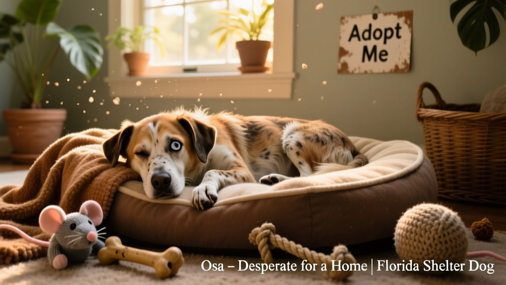 Osa resting peacefully on a cozy dog bed indoors, surrounded by soft blankets and toys