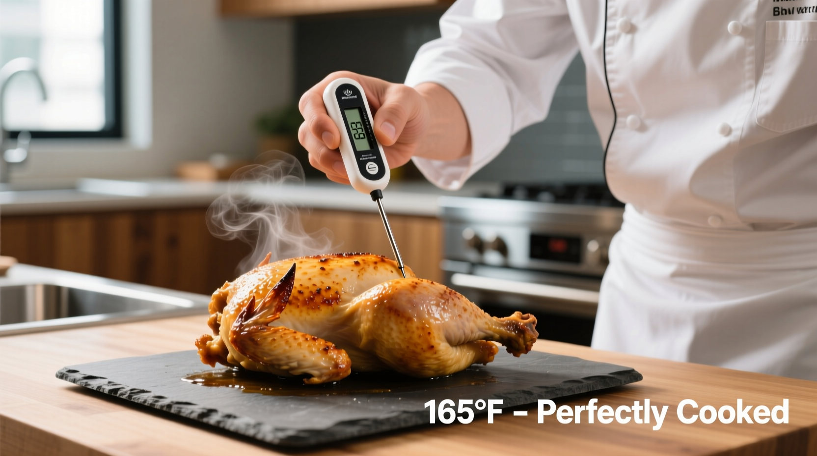 Chef checking temperature of cooked chicken