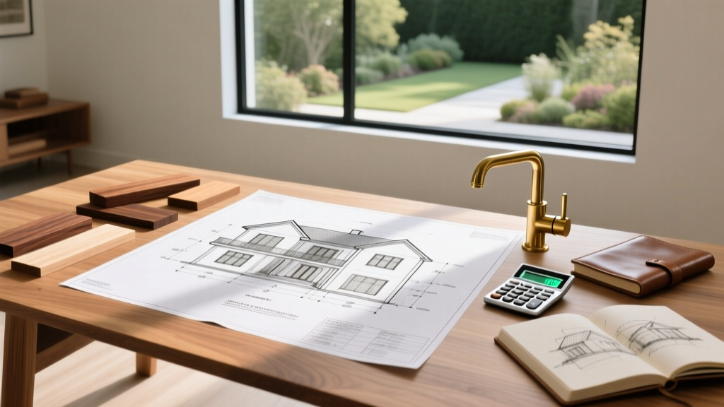 Blueprint of a 4000 square foot two-story luxury home on a drafting table with a calculator, lumber samples, and brass fixtures nearby