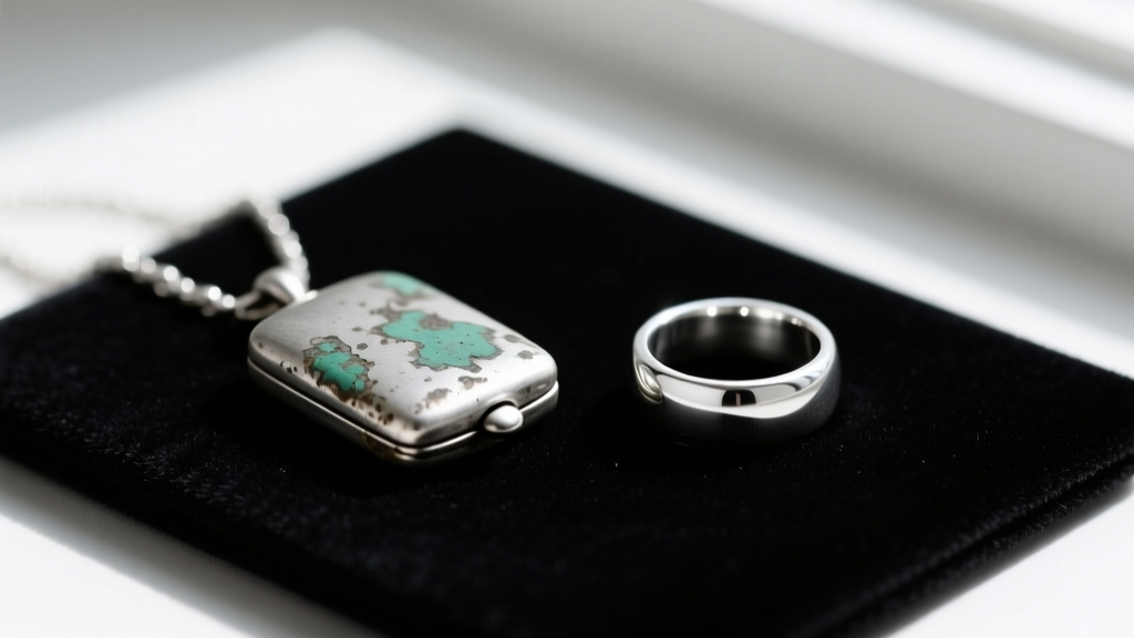 Macro comparison of tarnished sterling silver cremation locket and pristine Argentium memorial ring resting on a dark velvet pad.