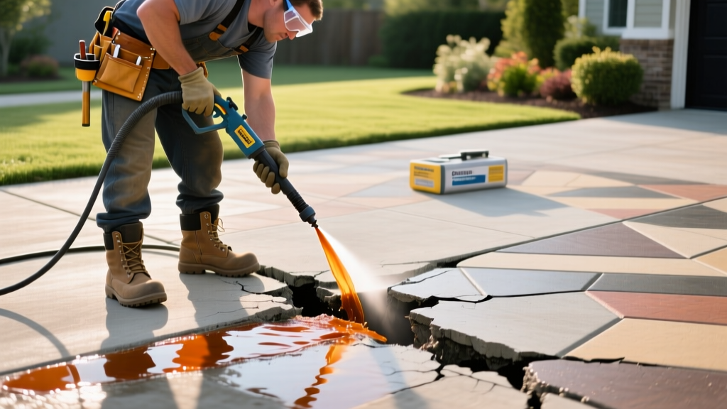 Contractor using a pressure washer and epoxy injection kit to repair a deep spalled crack in a high-strength stamped concrete driveway