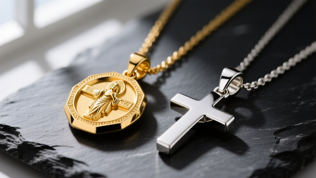 Macro shot comparing a 14k yellow gold St. Christopher pendant with a rhodium-plated silver version on a dark slate surface