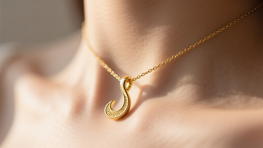 Close-up of a delicate 14k yellow gold semicolon pendant resting on a collarbone, with soft natural sunlight highlighting the metal.