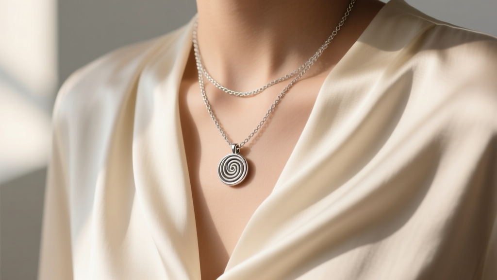 Delicate 1.2mm sterling silver box chain with a 12mm spiral pendant layered over a cream silk blouse in soft natural window light