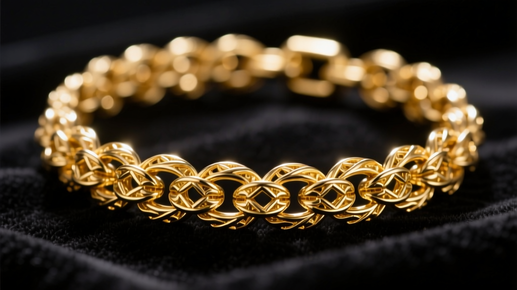 Close-up of a traditional Brazilian woven 18k gold chain resting on dark velvet under bright macro inspection lighting