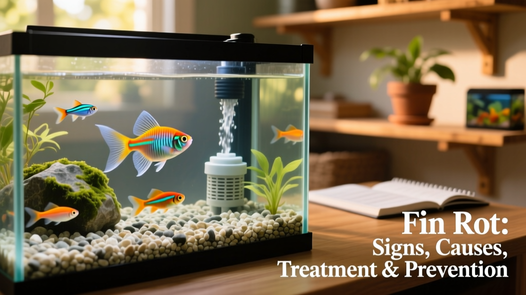 Aquarium setup showing clean gravel, functioning filter, and healthy fish with full, undamaged fins