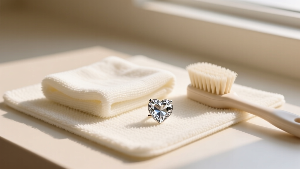 Top-down view of a cleaning mat holding a microfiber cloth, soft brush, and sparkling heart rhinestone earrings under warm light
