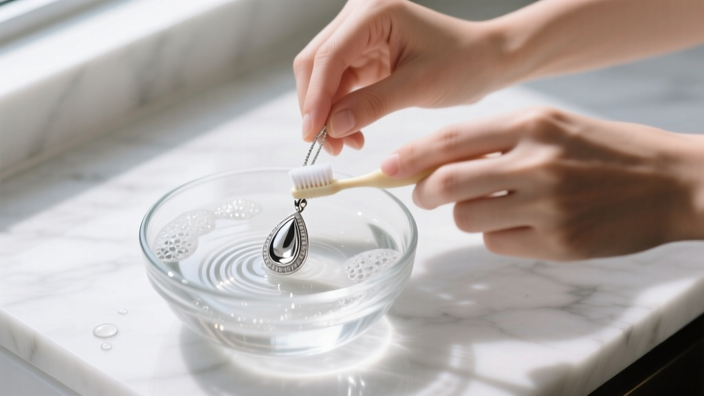 Hands cleaning a silver teardrop pendant with a soft baby toothbrush and soapy water in a glass bowl on a white marble countertop