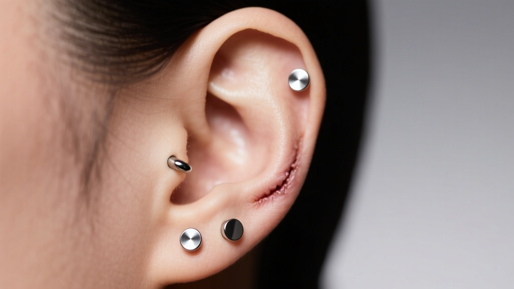 Close-up of a healed earlobe featuring three perfectly spaced titanium flat-back stud piercings under soft studio lighting
