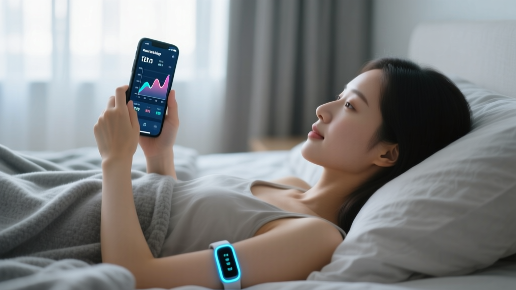 Woman checking continuous basal body temperature data on a smartphone app while wearing a smart health tracking armband in bed.
