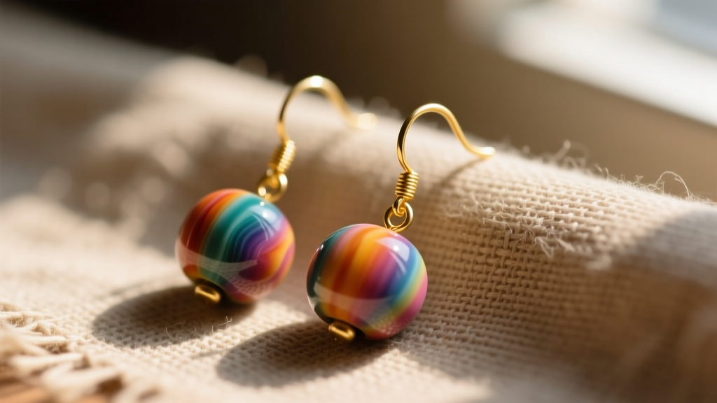 Macro shot of vibrant polymer clay bead dangle earrings with gold-filled hooks resting on textured linen in warm sunlight.