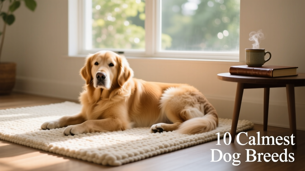 Golden Retriever resting calmly on a cozy rug beside a sunlit window