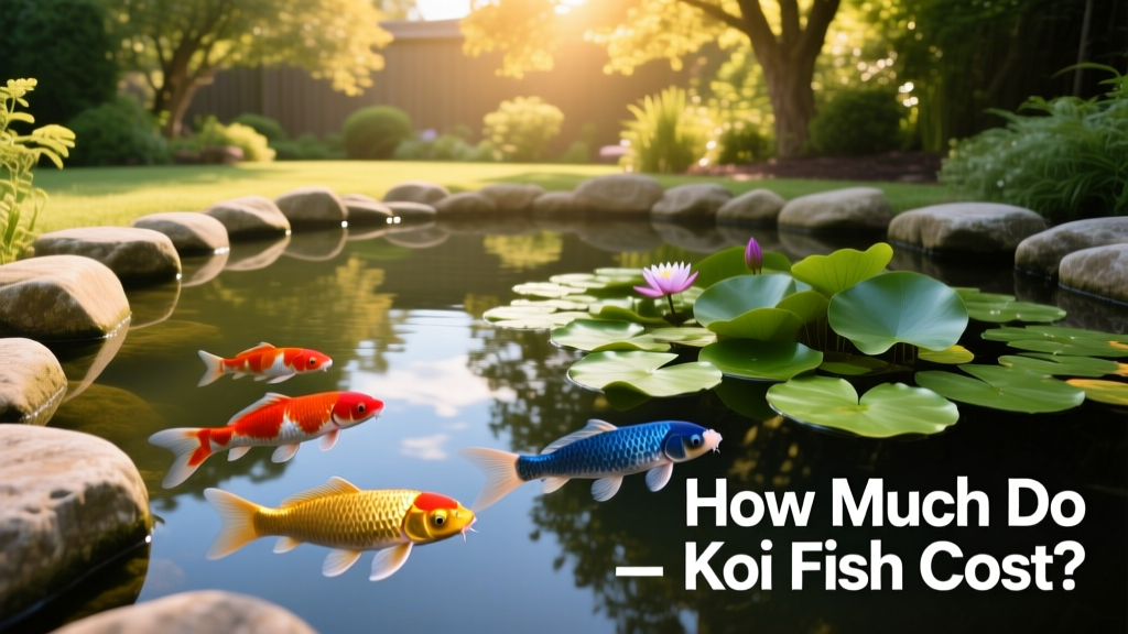 A serene backyard koi pond with colorful koi swimming near lily pads and smooth stones