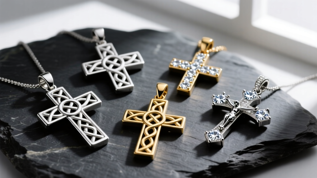 Five cross pendants including a Celtic knot design, a sideways cross, and a diamond crucifix arranged neatly on dark slate stone.