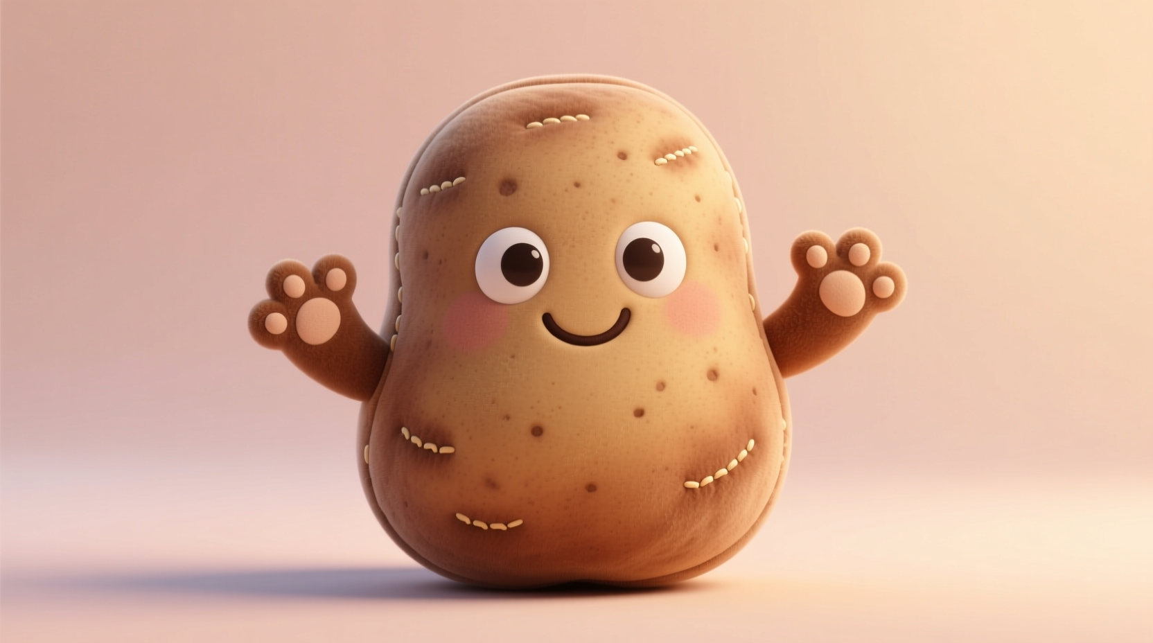 Brown potato plush toy with smiling face and arms