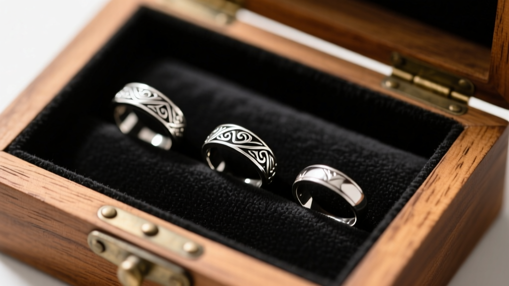 Sterling silver rings resting on modern charcoal anti-tarnish cloth inside a retrofitted wooden jewelry box compartment, top-down