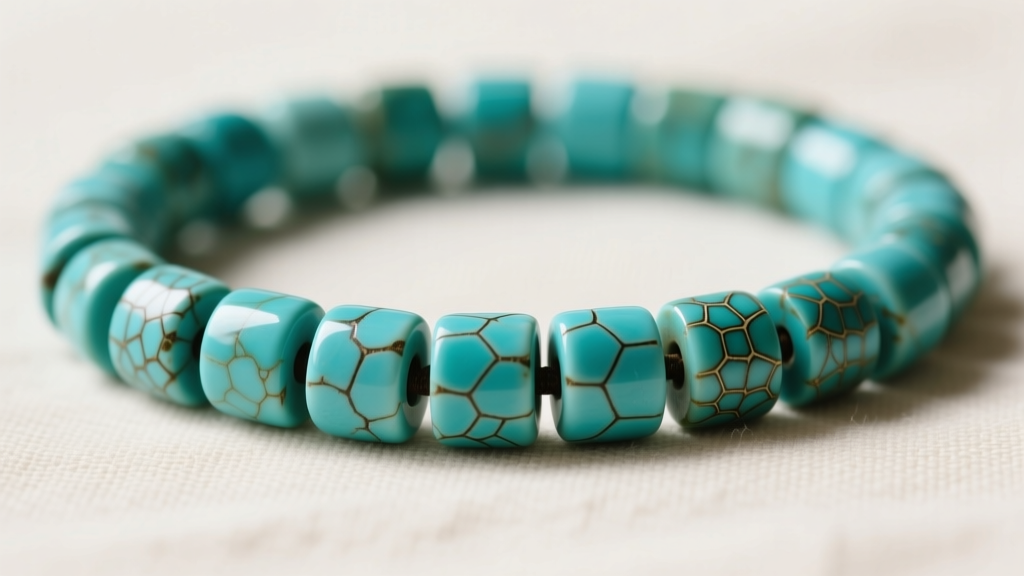 Macro shot of hand-rolled vintage turquoise heishi beads showing size variations and spiderweb matrix on a neutral linen backdrop.