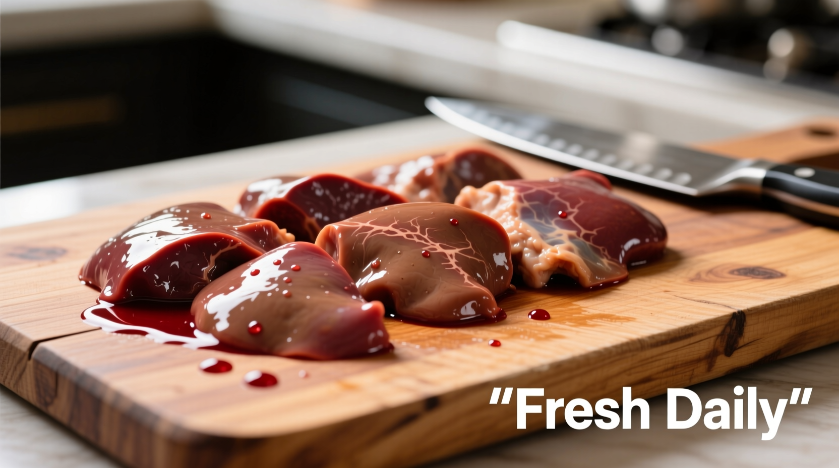Fresh chicken liver pieces on cutting board