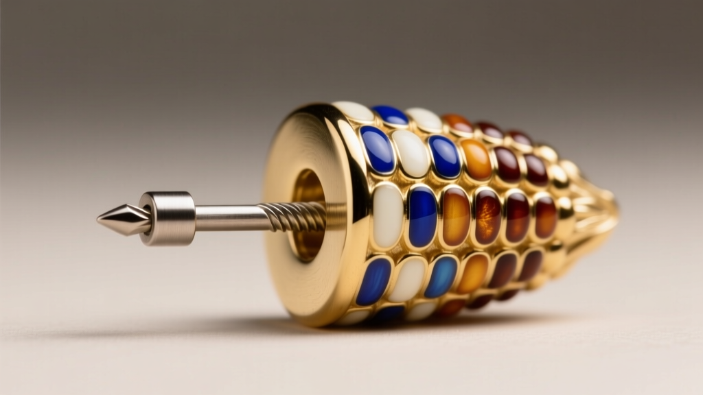 Extreme close-up of an ASTM F136 titanium earring post securely attached to a gold-plated brass vitreous enamel corn cob design.