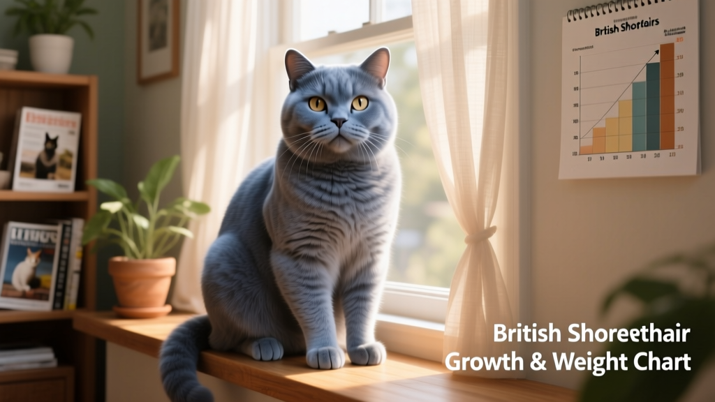 Adult British Shorthair sitting confidently on a windowsill, showcasing its stocky frame and round face