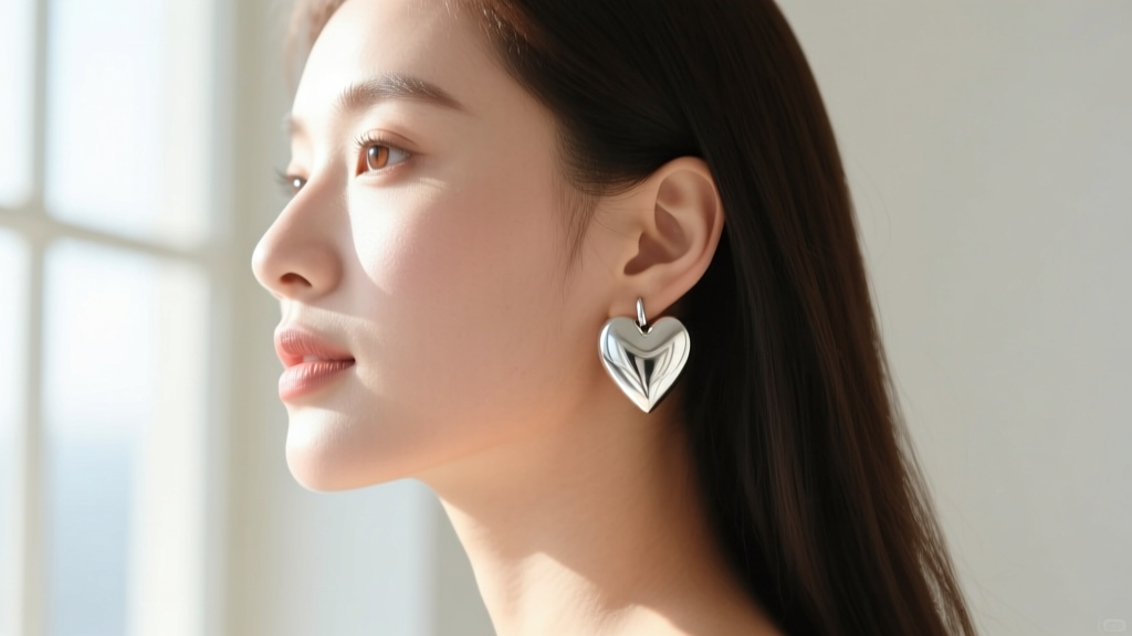 Side profile of a woman with a round face wearing medium 20mm sterling silver heart hoop earrings in bright natural daylight.