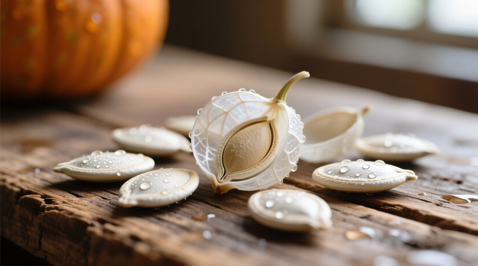 Fresh pumpkin seeds still in their white shells