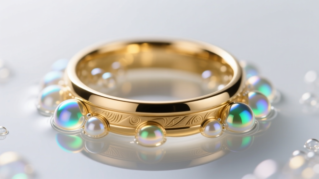 Macro shot of microscopic cavitation bubbles forming on a gold wedding band submerged in an ultrasonic cleaning solution.