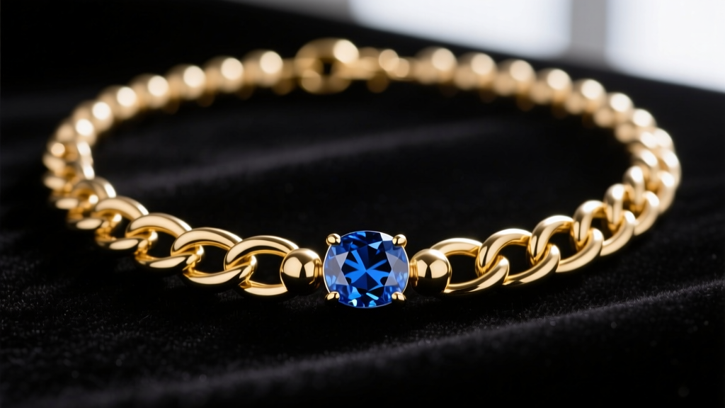 Macro shot of a 14k gold chain and bead necklace showing soldered rolo links and a bezel-set sapphire station against dark velvet