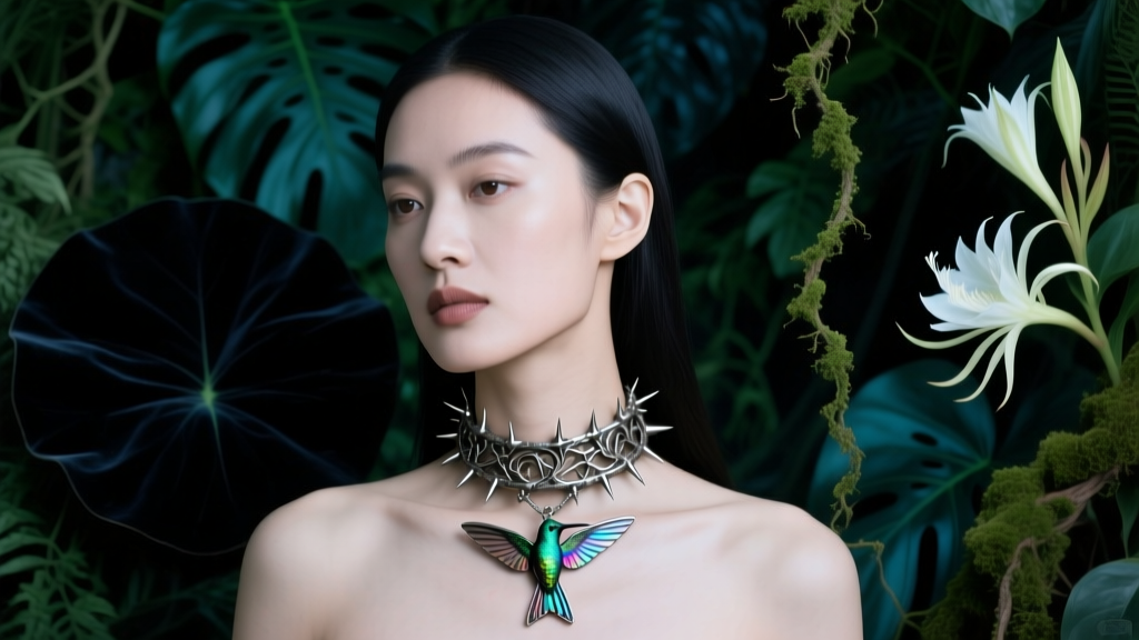 Portrait of a woman wearing an oxidized silver thorn choker with a small hummingbird pendant against a dark botanical background.