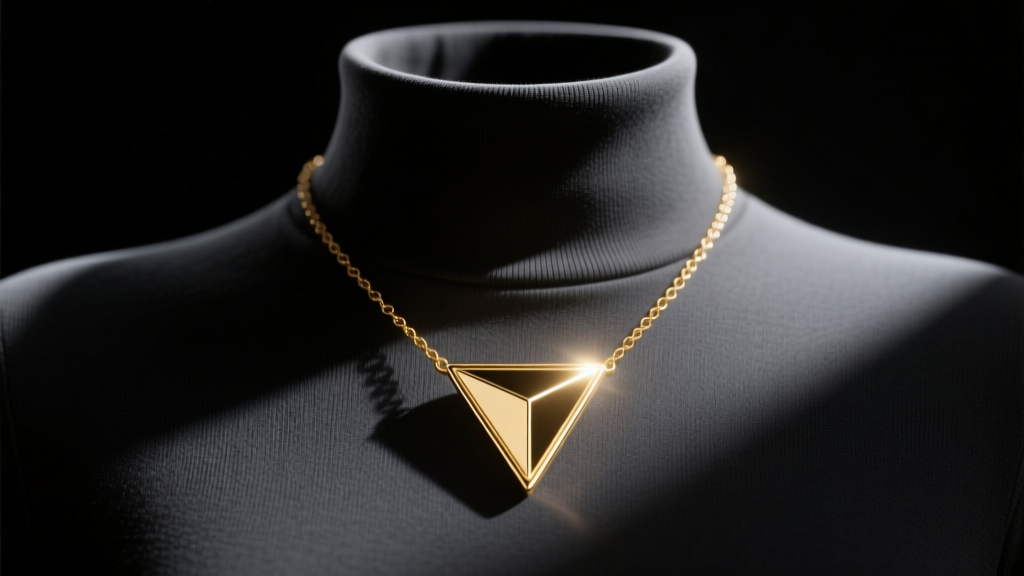 Sharp 18k gold triangle pendant necklace on a dark charcoal turtleneck, photographed in dramatic studio lighting with deep shadows
