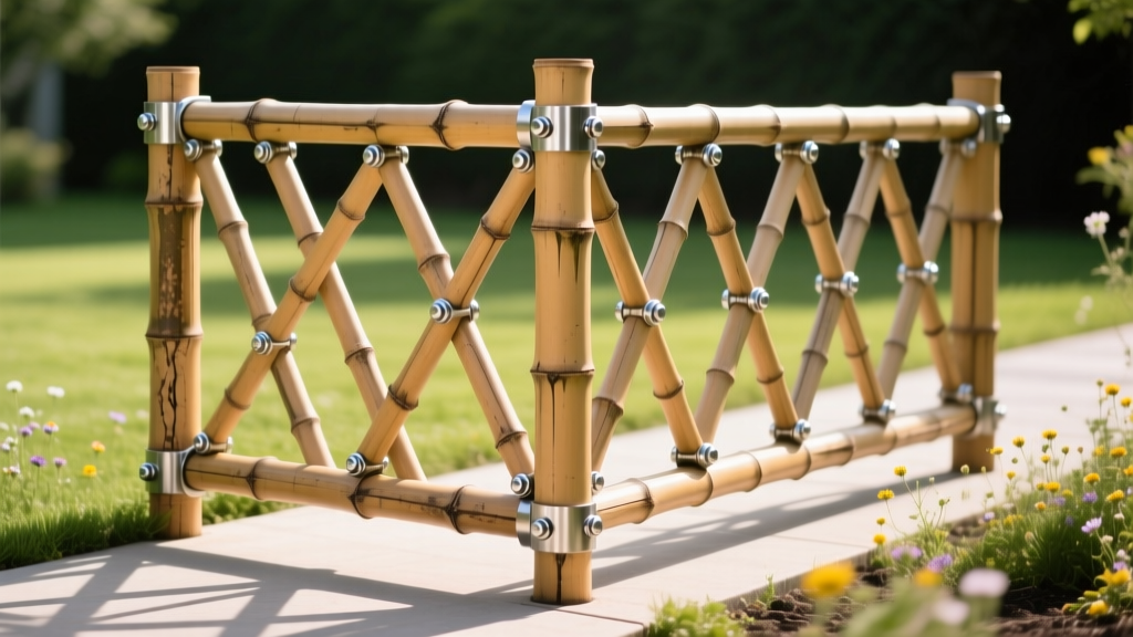 Thick treated bamboo poles joined with stainless steel bolts forming a heavy-duty structural garden trellis in bright sunlight