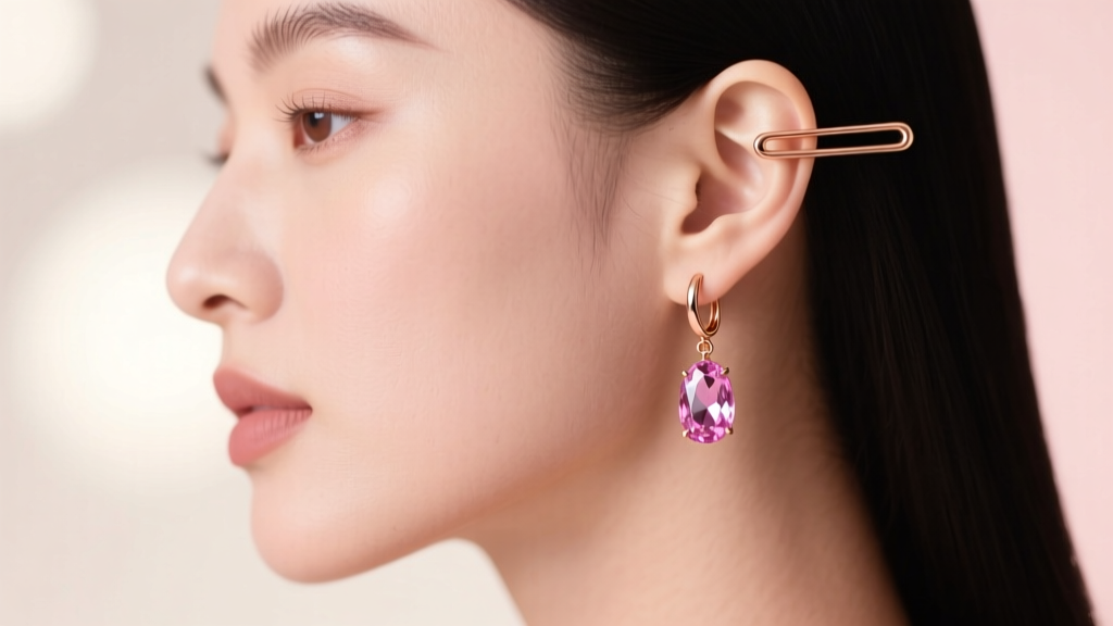 Side profile of a woman wearing rose gold invisible clip earrings with pink sapphire drops against a soft blurred background