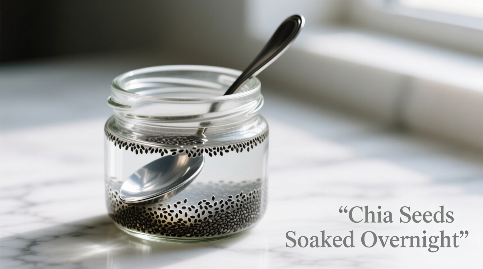 Chia seeds soaked in glass jar with spoon