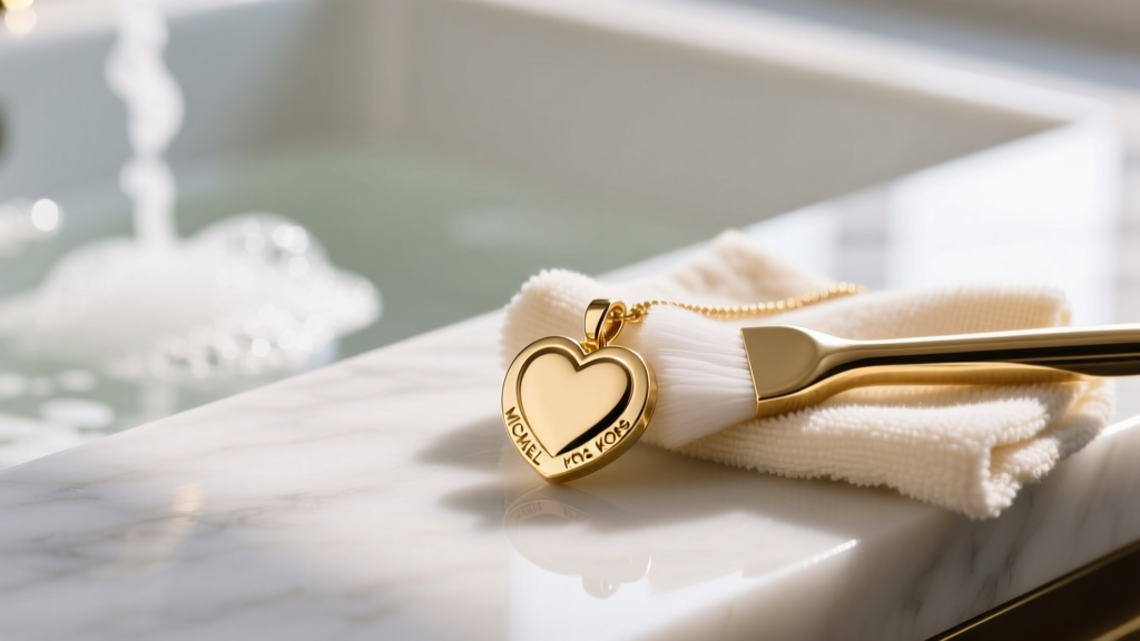Soft cloth polishing the gold-tone surface of a Michael Kors heart pendant, with mild dish soap suds in the blurred background.
