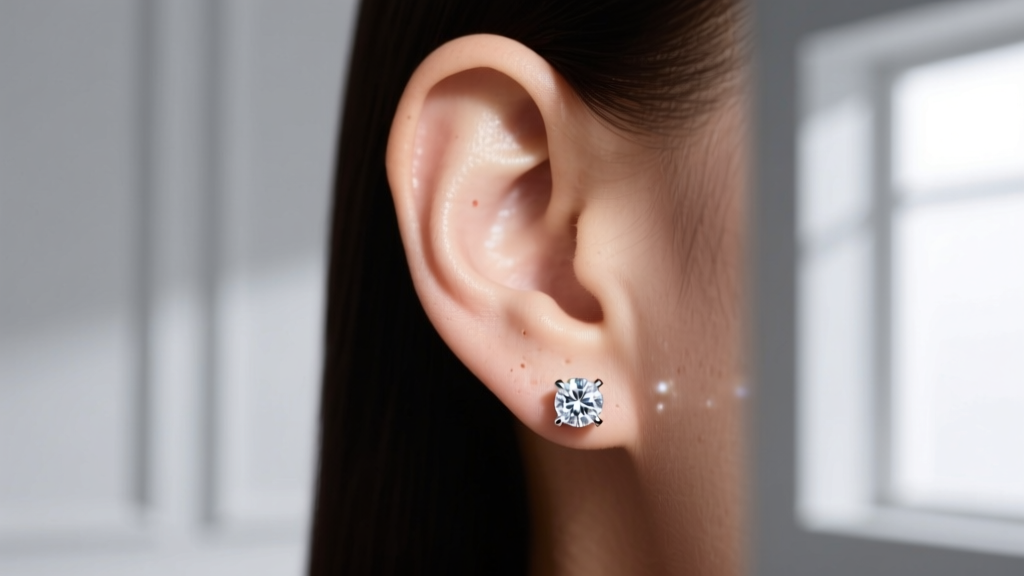 Close-up of an earlobe wearing 0.75 carat diamond earrings in a secure bezel setting, illuminated by soft natural window light
